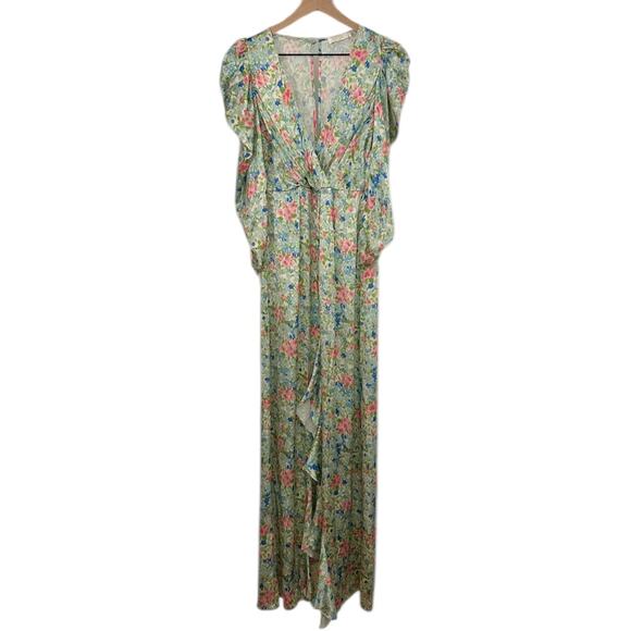 NOTES DU NORD Designer Pink Blue & Green Ruffle Floral Maxi Silk Dress – US 6/8 - Picture 6 of 16